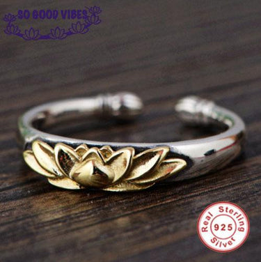 925 Sterling Silver Gold Lotus Flower Adjustable Ring-Your Soul Place